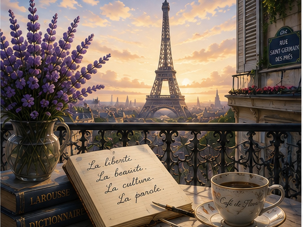 Parisian study scene with the Eiffel Tower, books, lavender and a writing table.