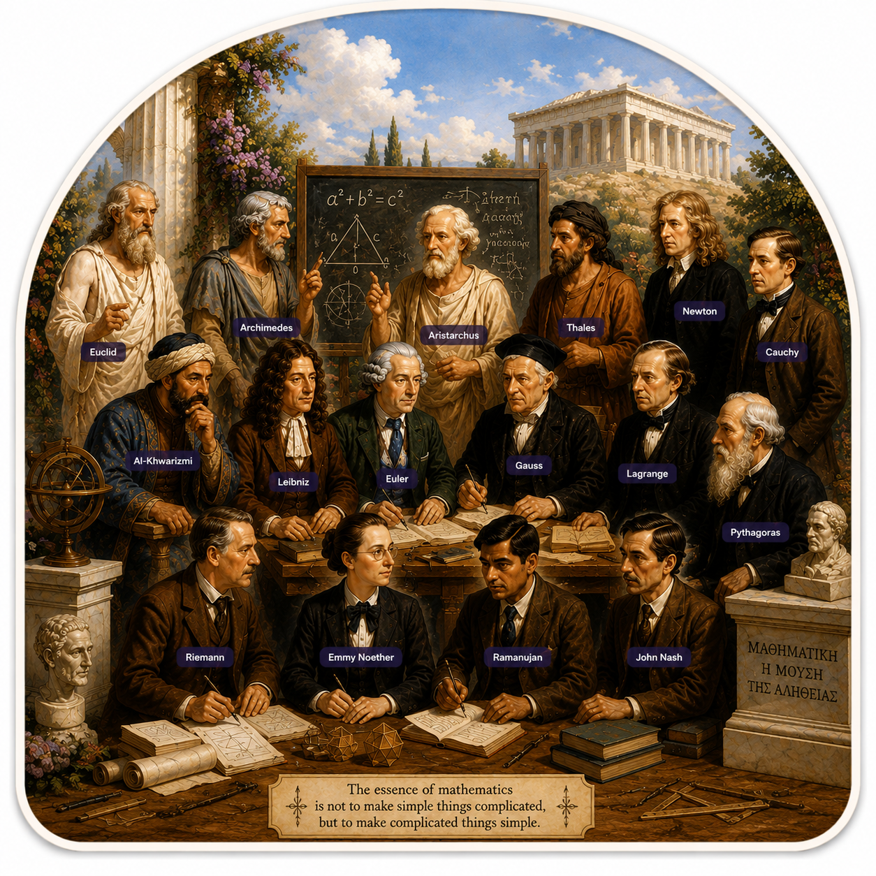 Artistic gathering of influential mathematicians from different eras, including Euclid, Archimedes, Pythagoras, Gauss, Euler, Cauchy, Descartes, Newton, Leibniz, Emmy Noether, Ramanujan and John Nash.